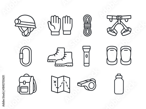 Spelunking Gear Icons. Spelunking Gear. Line icon set of Spelunk