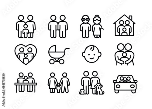 Family Icon Set. Family. Line icon set of Family: parents with c