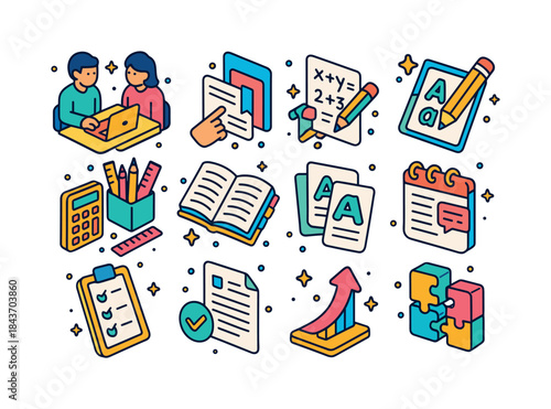 Academic Support Icons. academic support. Colorful isometric vec