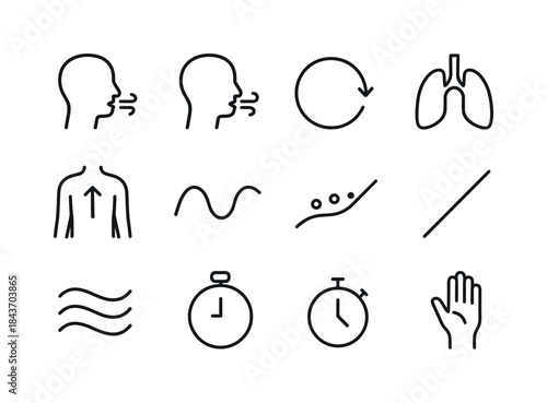 Breathing Icon Set. Breathing. Line icon set of Breathing: inhal