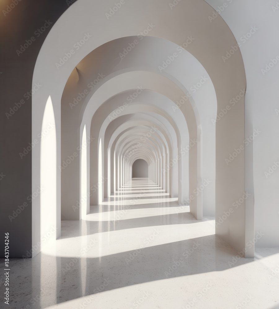 Fototapeta premium Long corridor with archways showing light and shadows in a modern space during daytime