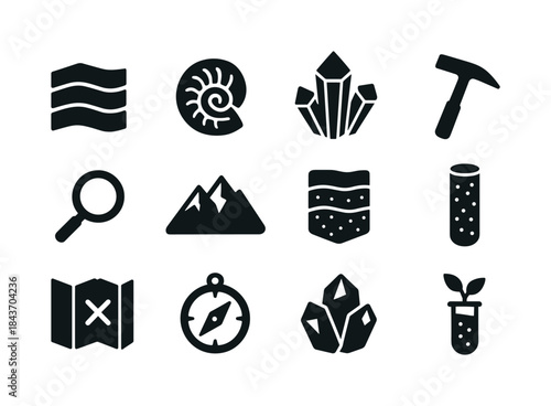 Geology Icons Grid. Geology. Solid icon set of Geology: rock lay