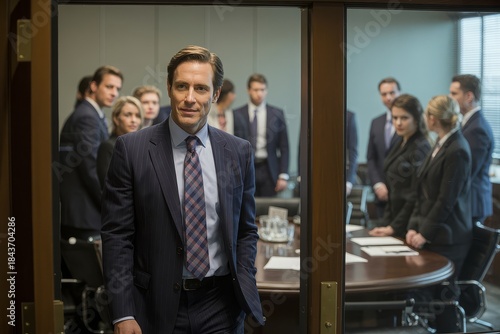 A confident businessman in a suit walks towards the camera, with colleagues in a boardroom behind him.