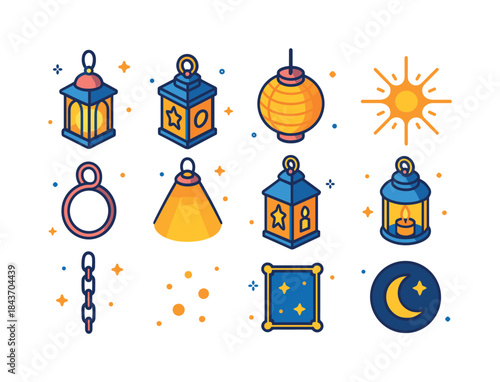 Colorful Lantern Icons. lantern lights. Colorful isometric vecto