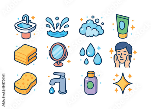 Isometric Face Washing Icons. washing your face. Colorful isomet