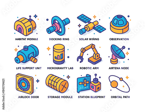 Colorful Space Station Icons. space stations. Colorful isometric