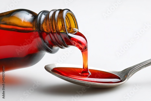 Amber glass medicine bottle pouring red syrup into metal spoon.