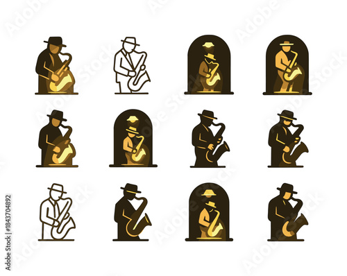 Jazz Musician Icons. A jazz musician playing a saxophone in a di