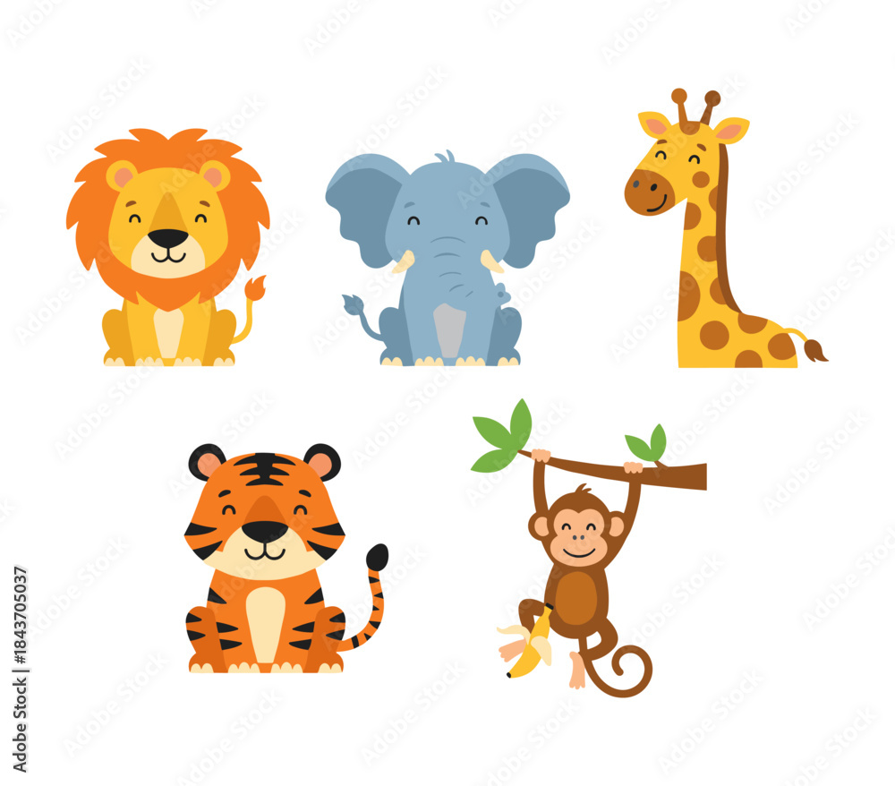 Fototapeta premium Cute jungle animals cartoon characters set