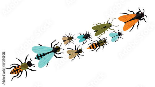 Group of diverse flying insects, including bees, flies, and a grasshopper, moving together in a diagonal swarm on a plain background.