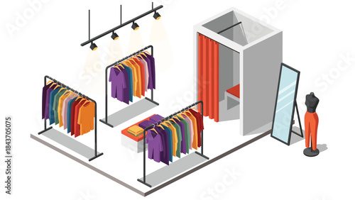 Isometric view of a clothing store interior with racks of colorful garments, a fitting room with a red curtain, a mirror, and a mannequin.