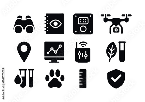 Ecosystem Monitoring Icons. Ecosystem monitoring. Solid icon set