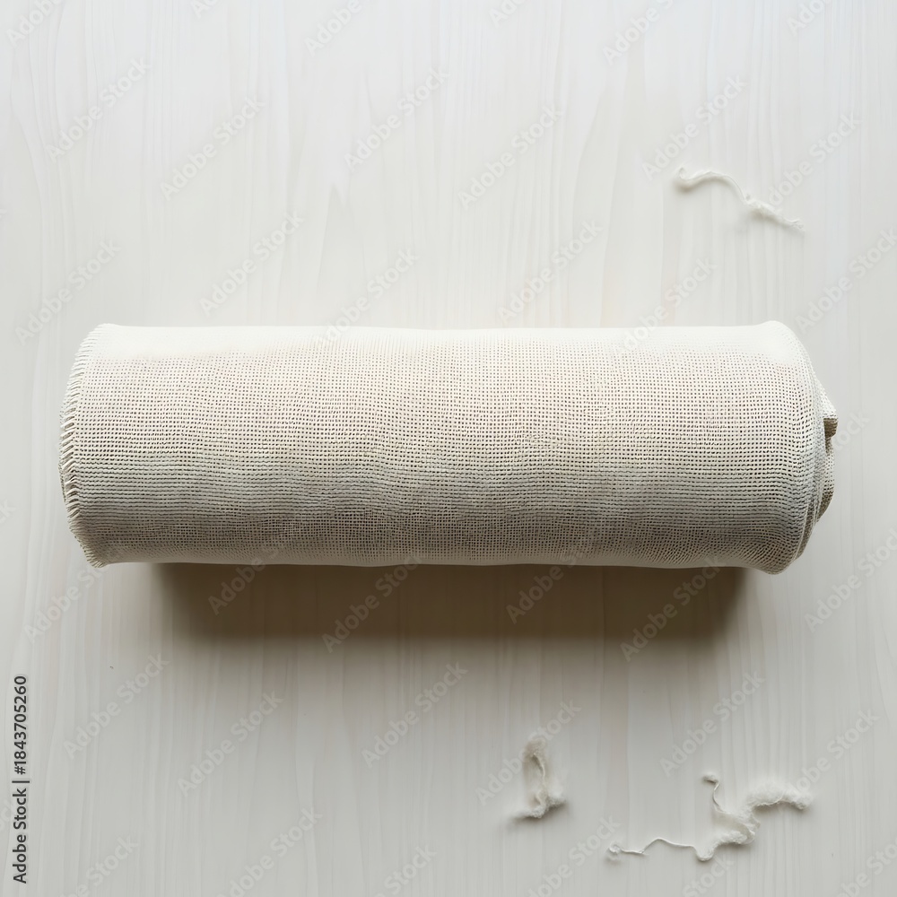 Obraz premium Rolled-up texture textile on a painted wooden surface, calming and neutral