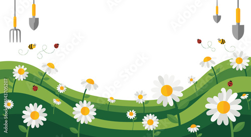 Charming spring or summer garden background with rolling green hills, white daisies, flying bees, ladybugs, and gardening tools.