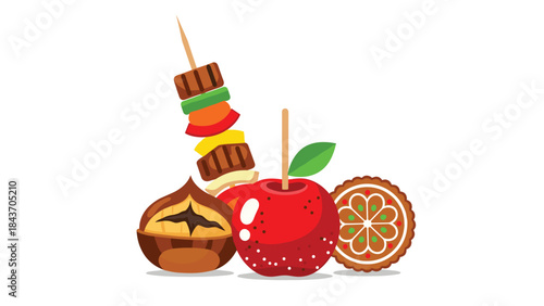 Collection of festive autumn and winter treats, including a shish kebab, a roasted chestnut, a red candy apple, and a gingerbread cookie.