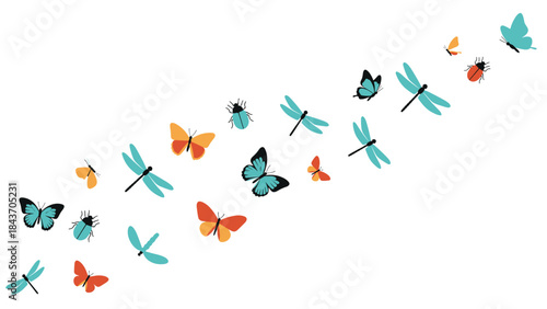 Delightful swarm of colorful butterflies, dragonflies, and beetles flying together in a diagonal stream across a clean white background.