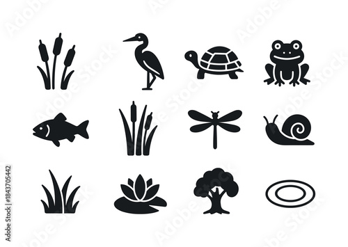 Marshland Icon Set. Marshland life. Solid icon set of marshland