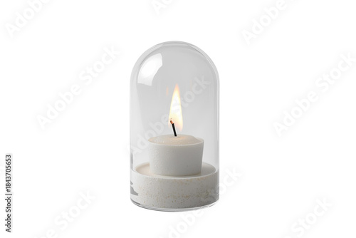 white cylindrical candle burning under a small, clear glass dome or bell jar, no background svg
