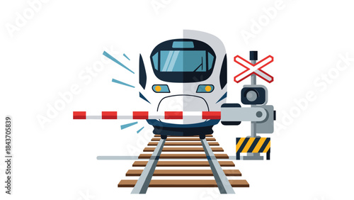 Modern high-speed train approaching a railroad crossing with a closed barrier and flashing red lights, illustrated in a flat style.
