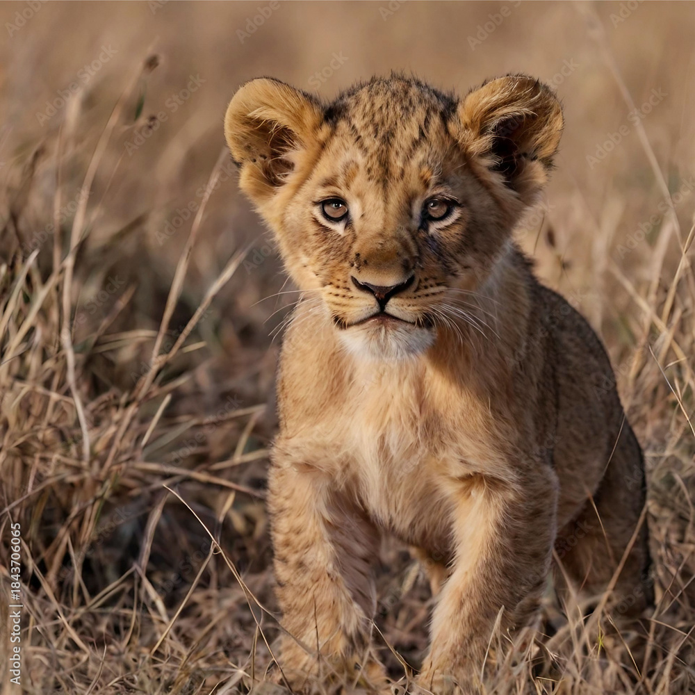 Obraz premium Adorable Lion Cub in Golden Grass