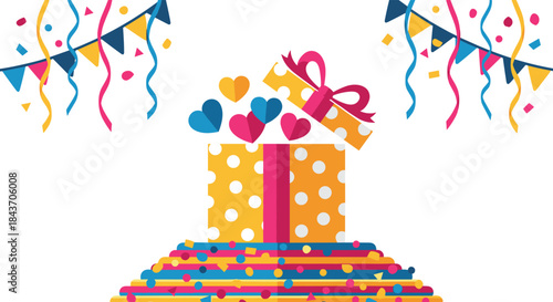 Joyful celebration background with a large, open gift box releasing hearts, surrounded by colorful confetti and party garlands.