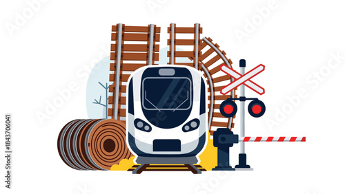 Modern train and railway elements composition, including a high-speed train, railroad crossing, and tracks, on a white background.
