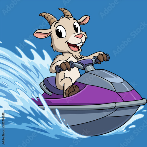 Cartoon goat riding a jet ski on the water