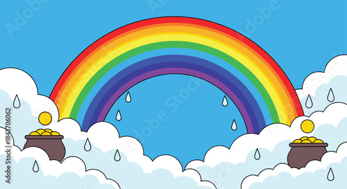 Cute and cheerful cartoon illustration of a bright rainbow in a blue sky with clouds, raindrops, and two pots of gold.