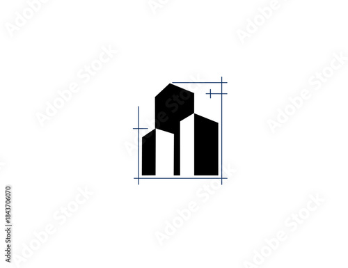Abstract architectural building logo design with blueprint lines visualizing urban development concept.