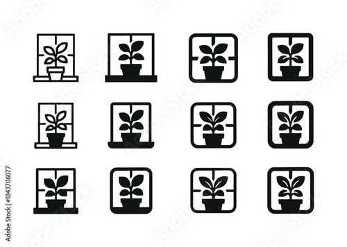 Herb Window Logos. Growing herbs on a windowsill. Icon set. Set
