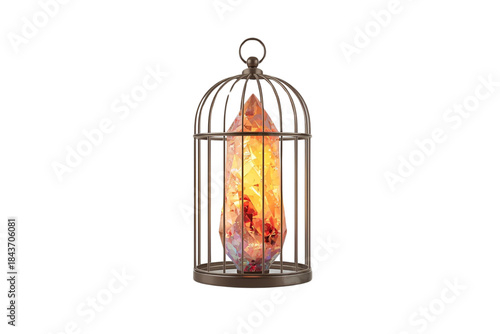 small bronze colored birdcage lantern with a brightly glowing orange crystal inside, no background svg
