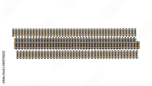 Three straight sections of realistic-looking railway track with wooden ties and steel rails, shown from a top-down perspective.
