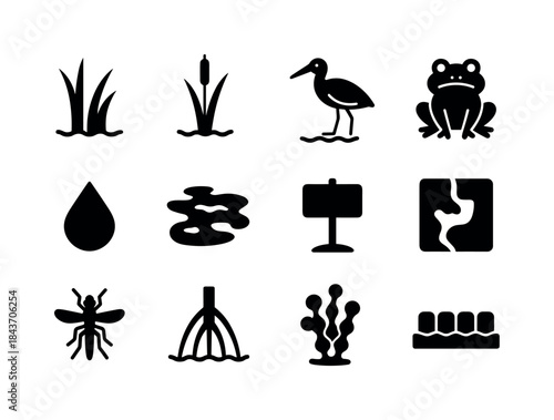 Wetland Conservation Icons. Preserving wetlands. Solid icon set