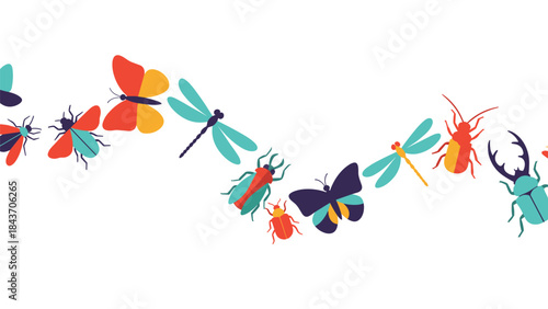 Wavy, seamless pattern or border made of various colorful and stylized insects like butterflies, beetles, and dragonflies flying.