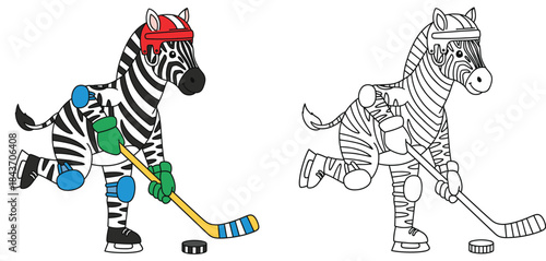 Vector illustration of a cartoon zebra playing ice hockey Adorable animal skater with a puck and stick An outline in black and white for a coloring book and an isolated colored version