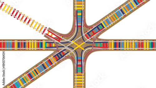 Top-down view of a complex railway intersection with multiple colorful tracks crossing and merging, creating an abstract transport map.