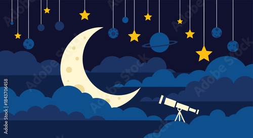 Magical night sky scene with a large crescent moon, hanging stars and planets, dark clouds, and a telescope for stargazing.
