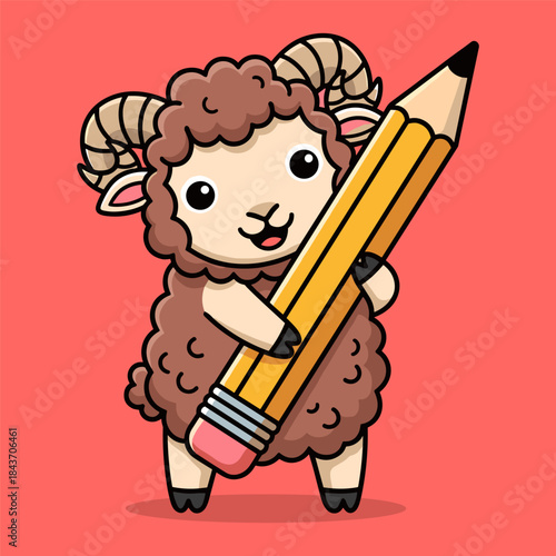 Cute cartoon ram holding a large yellow pencil with a pink eraser