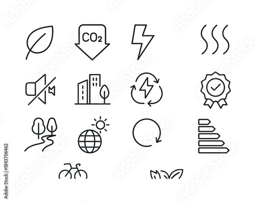 E-Bike Eco Icon Set. E-bike environment benefits. Line icon set