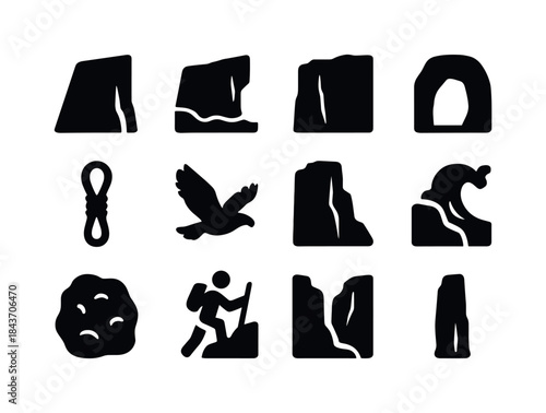 Cliff Icon Set. Cliffs. Solid icon set of Cliffs: steep cliff, s