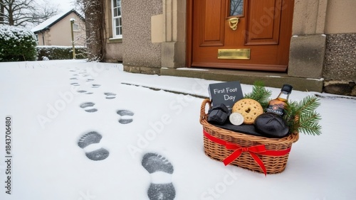 First Foot Day gift basket on snowy doorstep with footprints for First-Foot Day