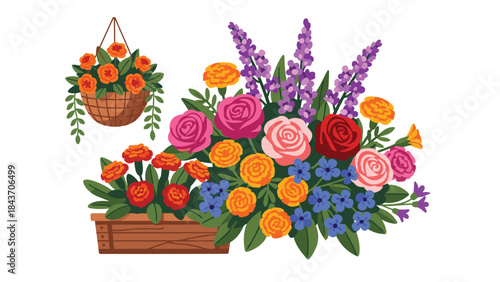 Beautiful and lush floral arrangement in a wooden planter box and a hanging basket with a variety of colorful garden flowers.