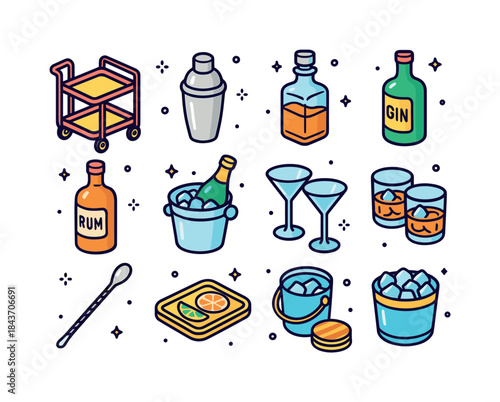Colorful Bar Cart Icons. Bar Cart. Colorful isometric vector ico