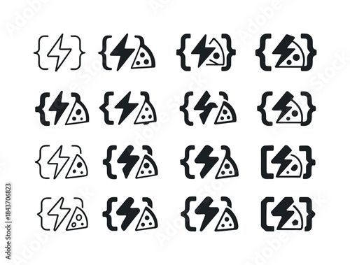 Sweat Code Pizza Icons. Sweat + Code + Pizza. Icon set. Set Logo
