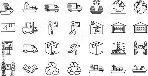 Logistics shipping supply chain vector icons set with cargo transport warehouse delivery packaging sustainability management black line illustration design