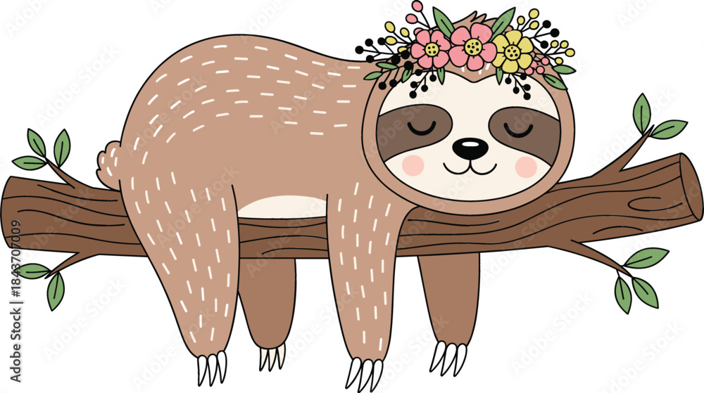 Obraz premium Cute Hand-Drawn Sloth Vector Illustration Wearing a Beautiful Floral Crown and Sleeping Peacefully on a Brown Tree Branch, Ideal for Whimsical Kids' Decor and Tropical Animal Design Concepts
