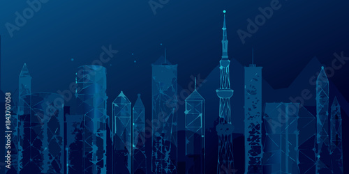 Abstract geometric cityscape illustration with prominent skyscrapers in blue tones
