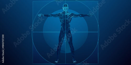 A digital rendering of a human figure within geometric shapes and lines