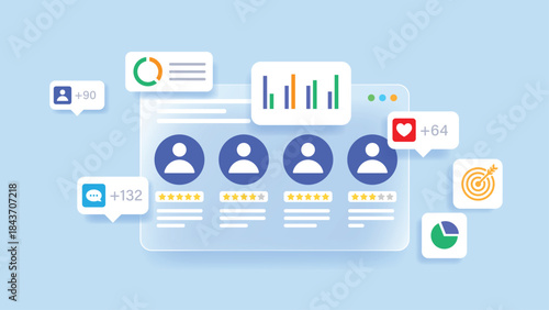customer review dashboard with user profiles ratings feedback analytics charts and engagement metrics in flat design interface for social media crm saas and online reputation management