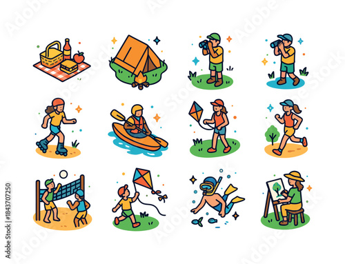 Outdoor Activity Icons. Outdoor fun. Colorful isometric vector i